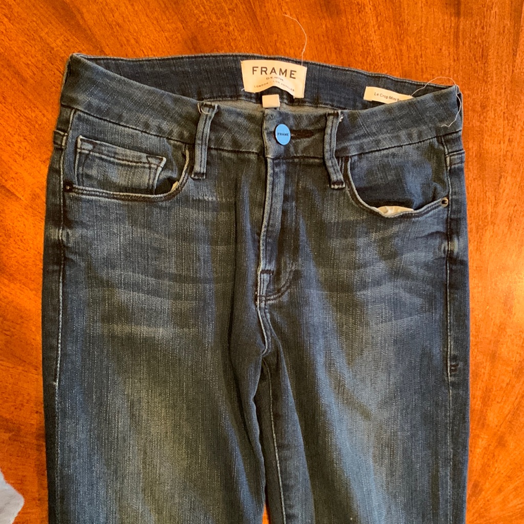Frame Denim Le Crop Mini Boot Cut High Low Raw Hem Blue Stretch Jeans Size 24